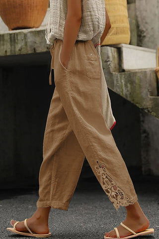 Elastic Waist Linen Pants - Khaki