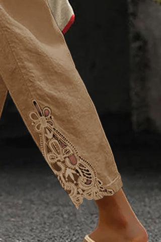Elastic Waist Linen Pants - Khaki