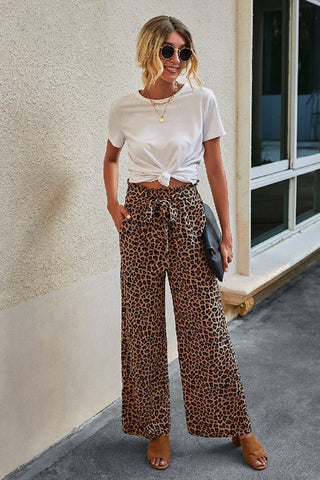 Tie Waist Wide Leg Pants - Leopard