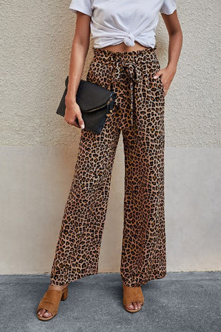Tie Waist Wide Leg Pants - Leopard
