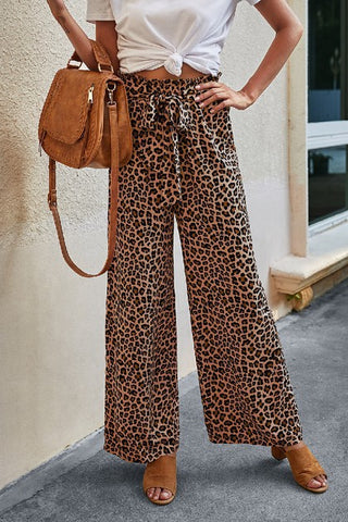 Tie Waist Wide Leg Pants - Leopard