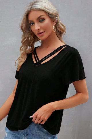 Criss Cross V-Neck Top - Black