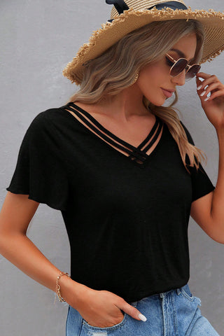 Criss Cross V-Neck Top - Black