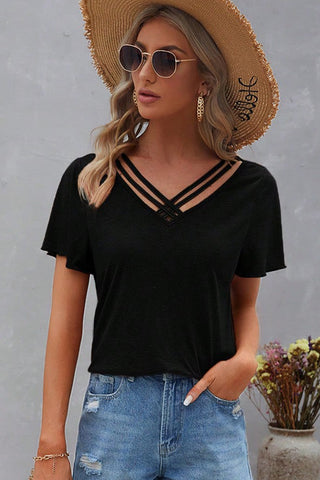 Criss Cross V-Neck Top - Black