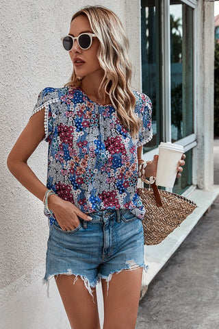 Lace Sleeve Top - Blue Floral