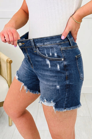 Raw Hem Super Stretchy Denim Shorts - Dark Wash