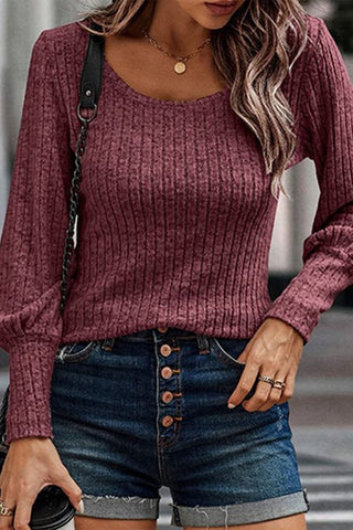 Ribbed Knit Bubble Sleeve Top - Mauve