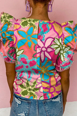 Vibrant Floral Top Flutter Sleeve Top - Pink and Aqua