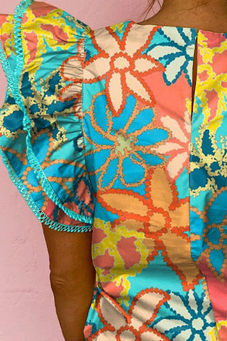 Vibrant Floral Top Flutter Sleeve Top - Aqua and Yellow