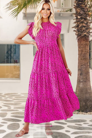 Ruffle Leopard Maxi Dress - Hot Pink