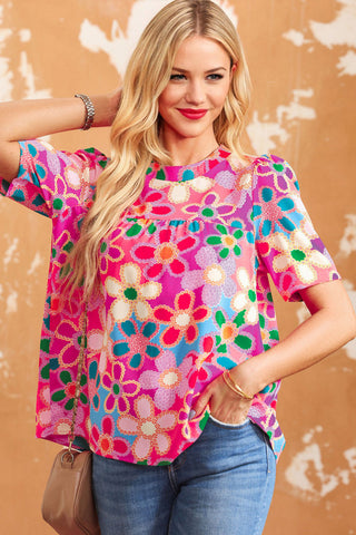 Puff Sleeve Daisy Print Top - Pink