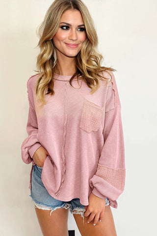 Bubble Sleeve Waffle Knit Top - Pink