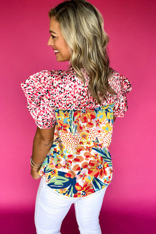 Floral Pop Of Color Ruffle Sleeve Top - Red