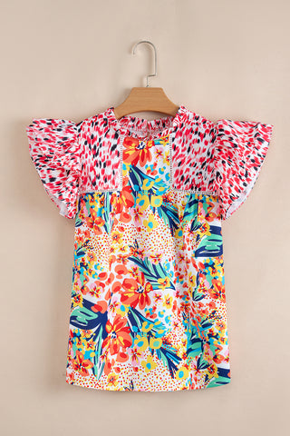 Floral Pop Of Color Ruffle Sleeve Top - Red