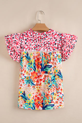 Floral Pop Of Color Ruffle Sleeve Top - Red