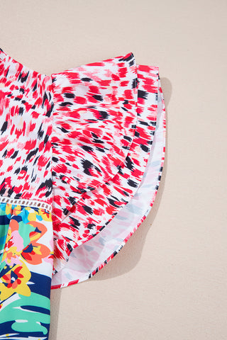 Floral Pop Of Color Ruffle Sleeve Top - Red