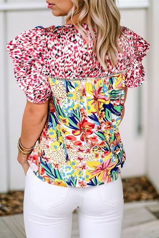Floral Pop Of Color Ruffle Sleeve Top - Red