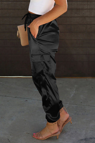 Satin Joggers with Pockets - Black