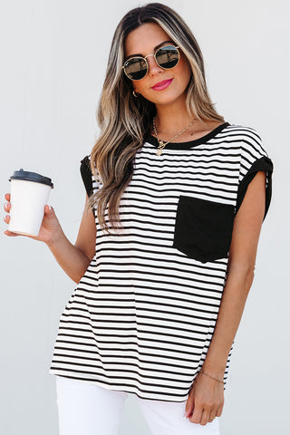 Striped Top with Pocket - Black