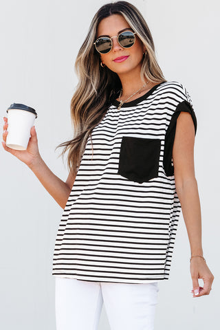 Striped Top with Pocket - Black