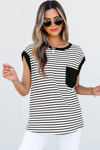 Striped Top with Pocket - Black
