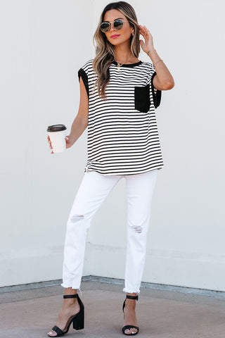 Striped Top with Pocket - Black