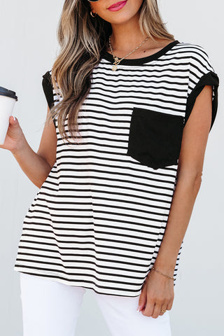 Striped Top with Pocket - Black