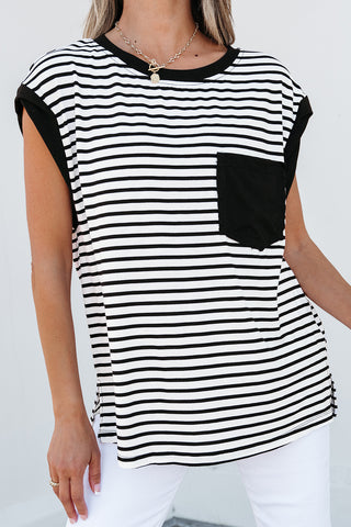 Striped Top with Pocket - Black