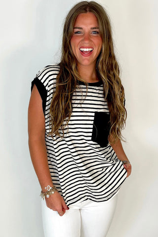 Striped Top with Pocket - Black
