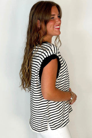 Striped Top with Pocket - Black