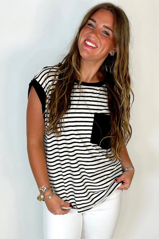 Striped Top with Pocket - Black