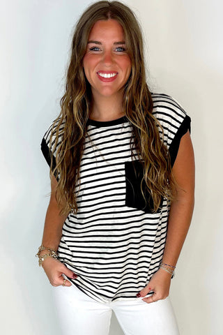 Striped Top with Pocket - Black