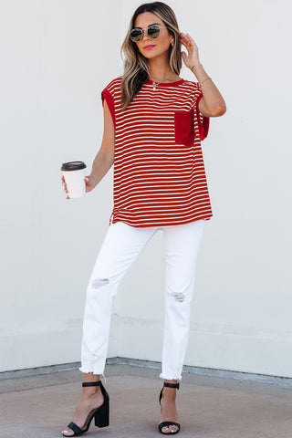 Striped Top with Pocket - Red