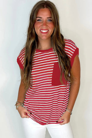Striped Top with Pocket - Red