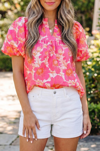 Puff Sleeve Floral Top - Pink Floral