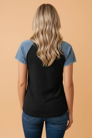 Waffle Weave Contrast Sleeve Top - Black