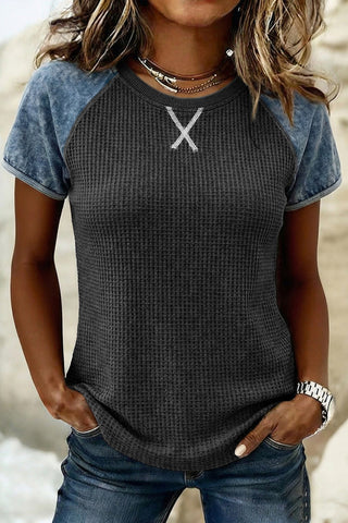 Waffle Weave Contrast Sleeve Top - Black