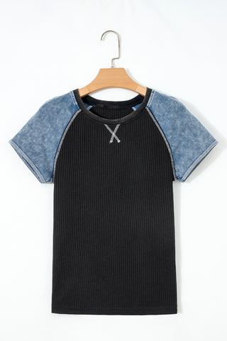 Waffle Weave Contrast Sleeve Top - Black