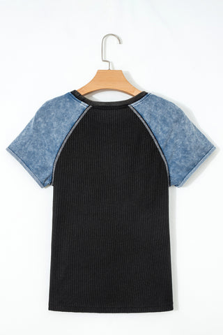 Waffle Weave Contrast Sleeve Top - Black