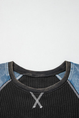 Waffle Weave Contrast Sleeve Top - Black