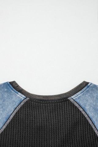 Waffle Weave Contrast Sleeve Top - Black
