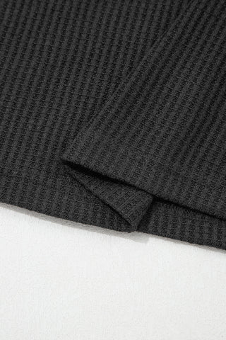 Waffle Weave Contrast Sleeve Top - Black