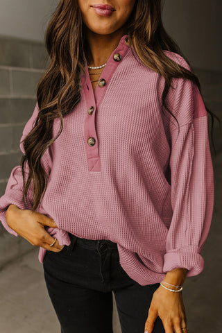 Oversized Henley Thermal Top - Pink