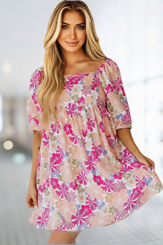 Retro  Florals Puff Sleeve Dress - Bright