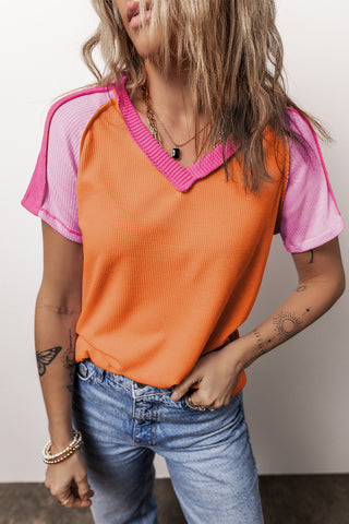V-Neck Contrast Waffle Knit Top - Orange and Pink