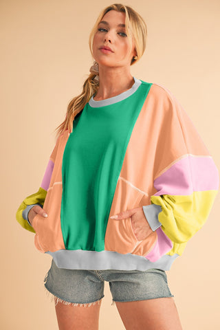 Retro Color Block Sweatshirt - Green and Coral