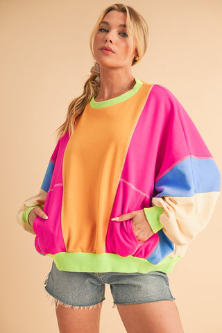 Retro Color Block Sweatshirt - Grapefruit and Hot Pink