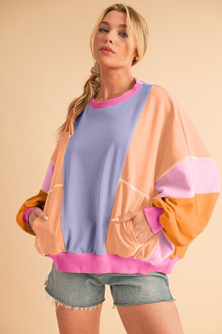 Retro Color Block Sweatshirt - Orchid and Coral