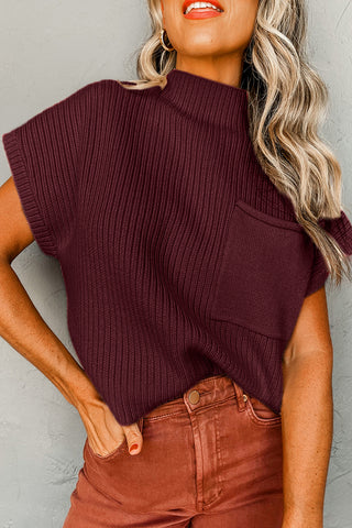 Short Sleeve Ribbed Sweater - Burgundy