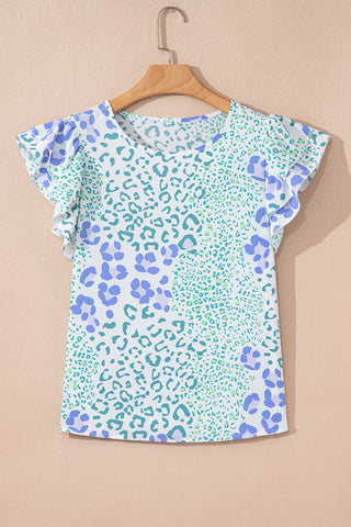 Ruffle Sleeve Leopard Top - Blue